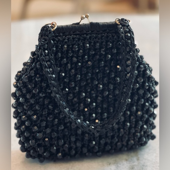 Retro Vintage Small Delia Black Beaded Frame Satchel Purse Hand Made In Italy - Picture 11 of 11